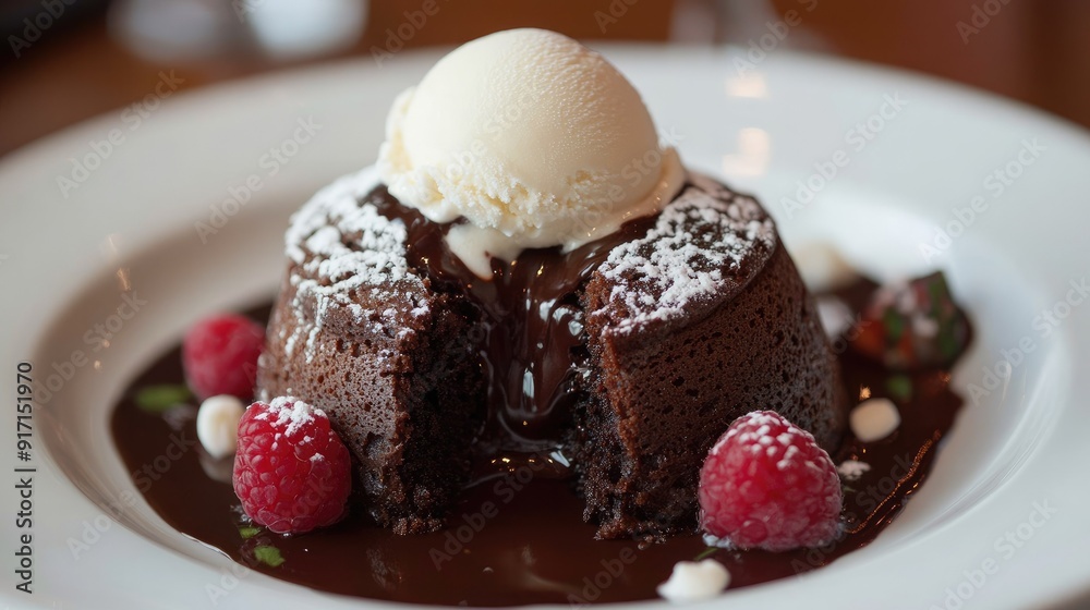 Classic chocolate lava cake with a molten center and a scoop of vanilla ice cream Classic chocolate lava cake with a molten center and a scoop of vanilla ice cream