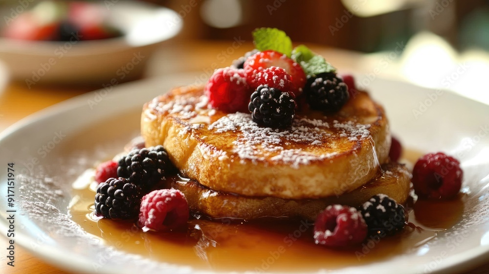 Classic French toast with maple syrup and fresh berries