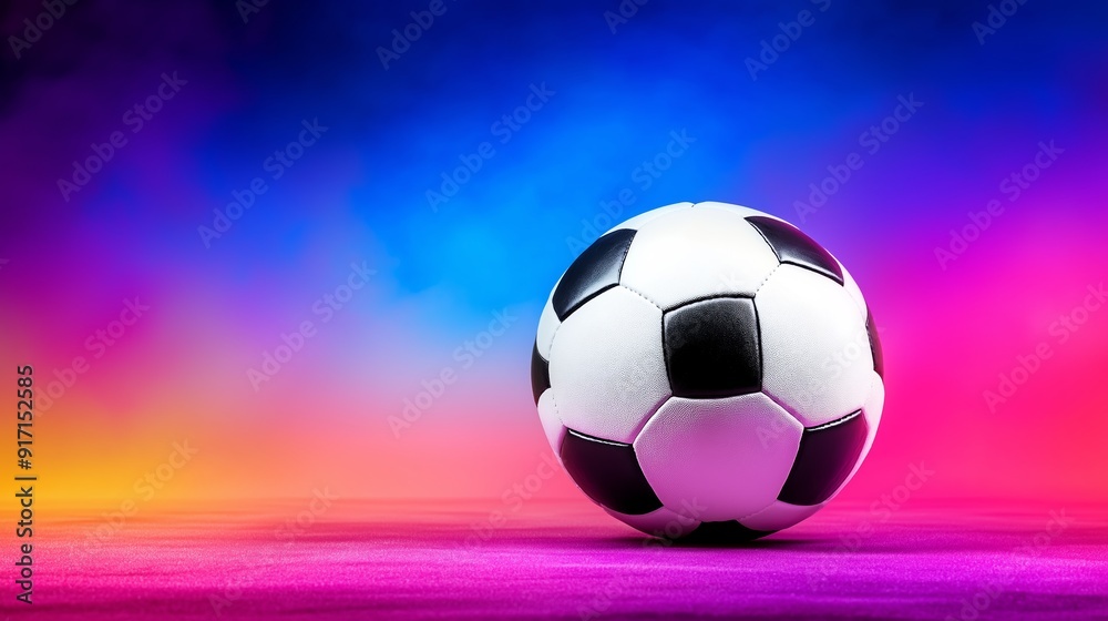 Naklejka premium A soccer ball is sitting on a field with a colorful background. The ball is white and black, and it is the center of attention in the image. The colorful background suggests a lively