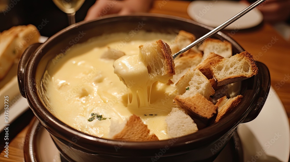 Delicious and gooey cheese fondue with an assortment of dipping bread Delicious and gooey cheese fondue with an assortment of dipping bread