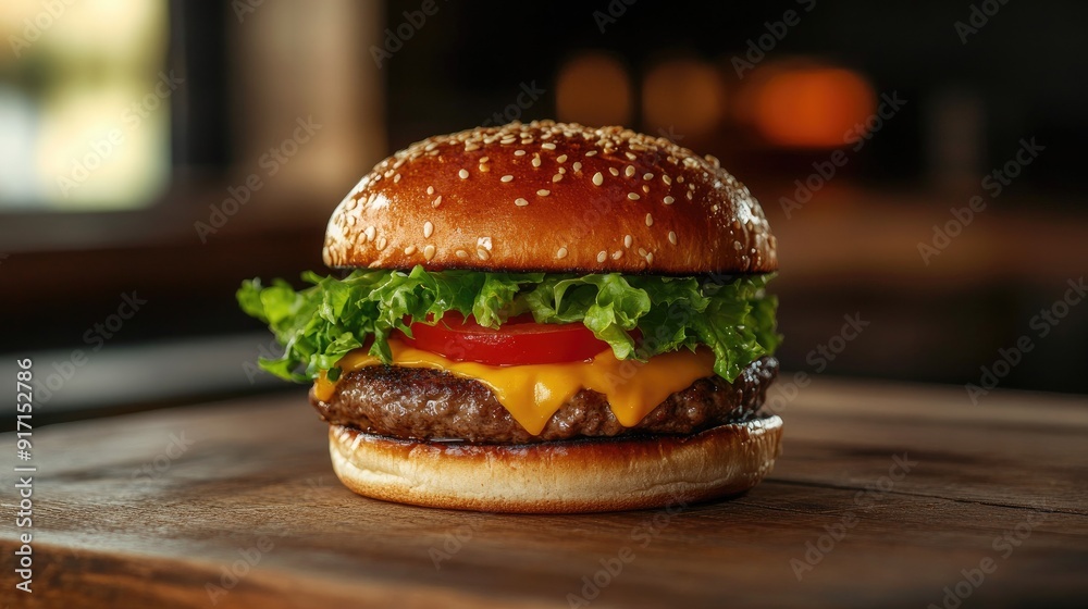 Delicious burger with lettuce, tomato, and cheese on a wooden table Delicious burger with lettuce, tomato, and cheese on a wooden table