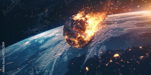 Meteor on Collision Course with Earth. Burning Asteroid Entering Earth's Atmosphere in Space