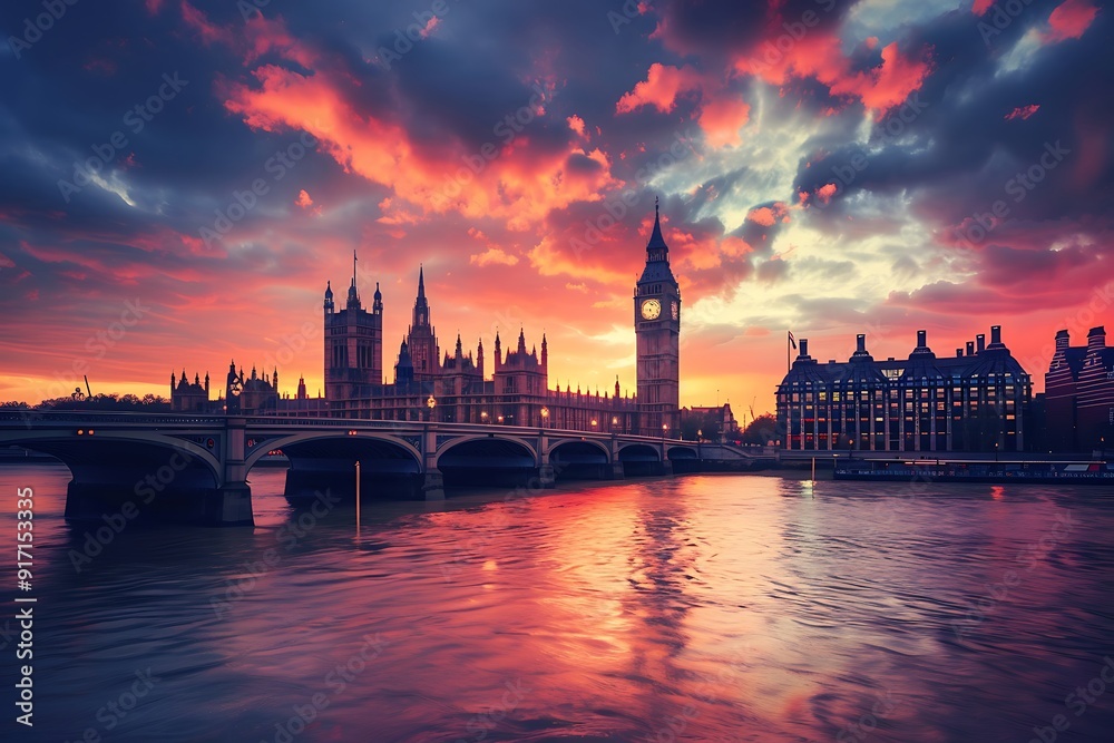 Naklejka premium Dramatic sunset over iconic landmark with bridge reflecting vibrant sky.