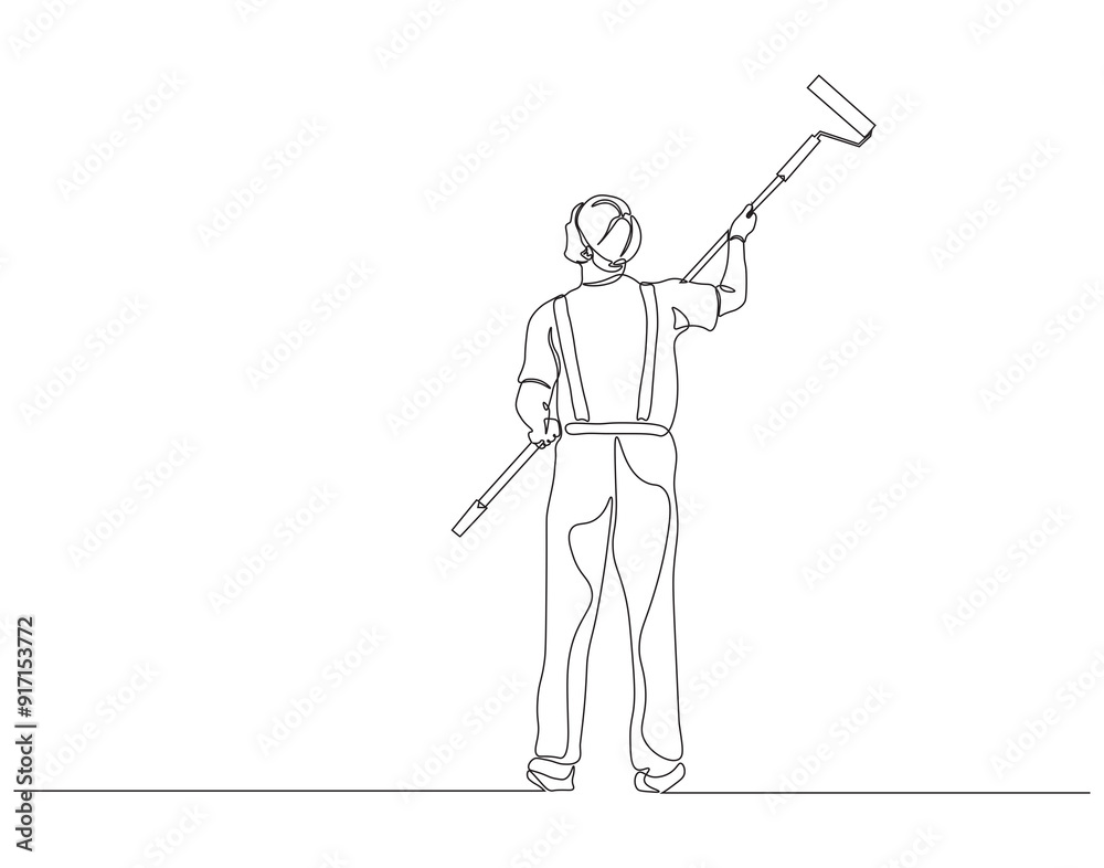 Continuous one line drawing of young handyman holding paint roller. One line drawing illustration of painter wall renovation. Contruction project, Renovation concept vector design. Editable outline Continuous one line drawing of young handyman holding paint roller. One line drawing illustration of painter wall renovation. Contruction project, Renovation concept vector design. Editable outline