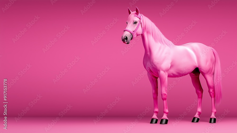 A pink horse stands in front of a pink background. The pink horse is the main focus of the image, and it is the only object in the scene A pink horse stands in front of a pink background. The pink horse is the main focus of the image, and it is the only object in the scene