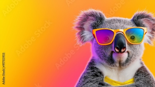 A koala wearing sunglasses and a yellow necktie. The koala is looking at the camera