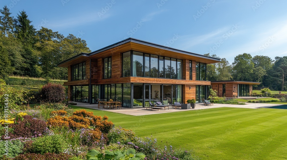 Modern wooden house with a large glass facade and a beautiful garden with a lawn and flowers. Modern wooden house with a large glass facade and a beautiful garden with a lawn and flowers.