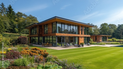 Modern wooden house with a large glass facade and a beautiful garden with a lawn and flowers.