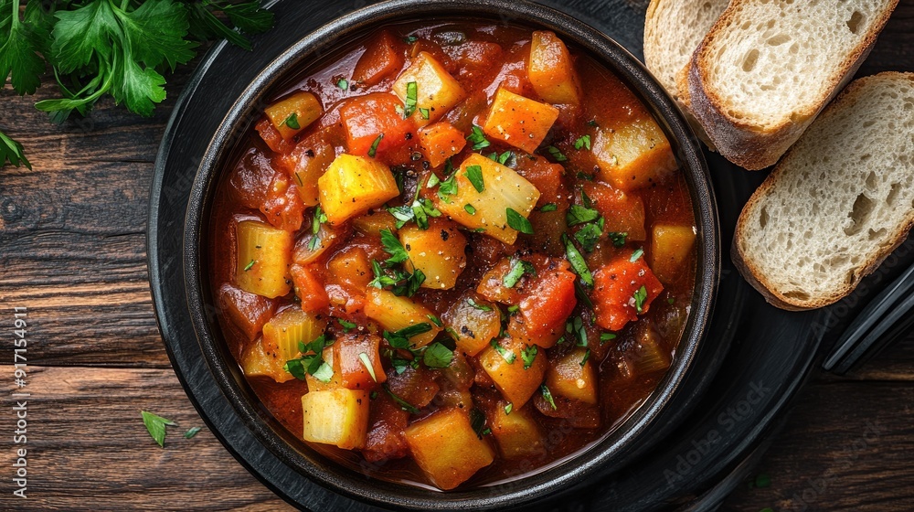 Overhead shot of a hearty vegetable stew with chunks of bread on the side Overhead shot of a hearty vegetable stew with chunks of bread on the side
