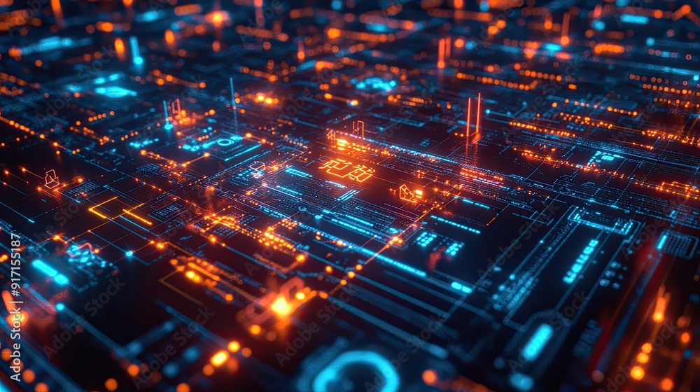 Overhead shot of a modern digital grid with glowing tech symbols and data streams Overhead shot of a modern digital grid with glowing tech symbols and data streams