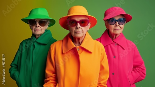 Wallpaper Mural Three women in colorful clothing pose for a photo. The women are wearing bright colors and sunglasses, and they are standing in front of a green background. The photo has a fun and playful mood Torontodigital.ca