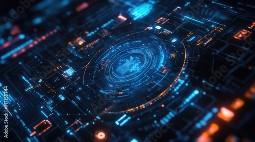 Overhead shot of futuristic abstract technology interface with floating icons