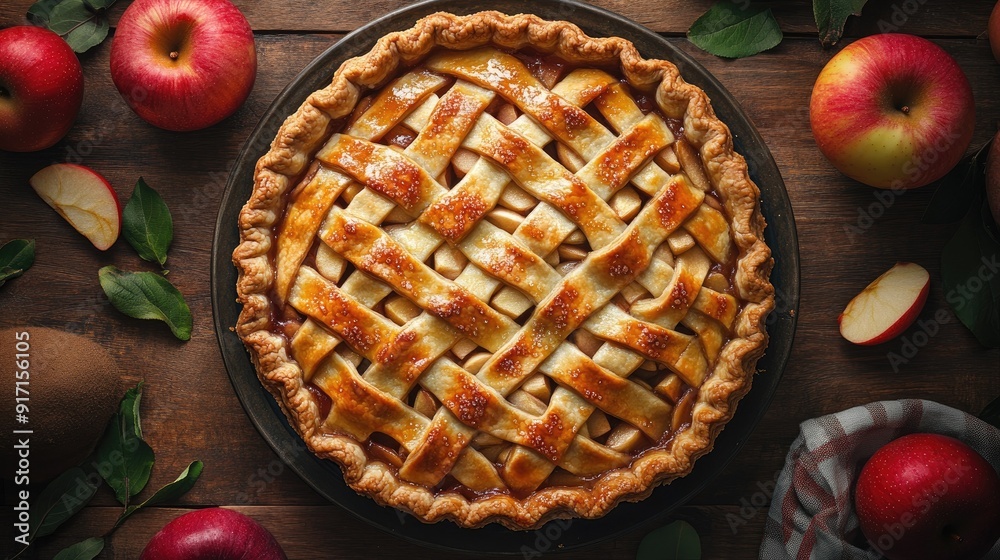 Overhead view of a freshly baked apple pie with a golden crust Overhead view of a freshly baked apple pie with a golden crust