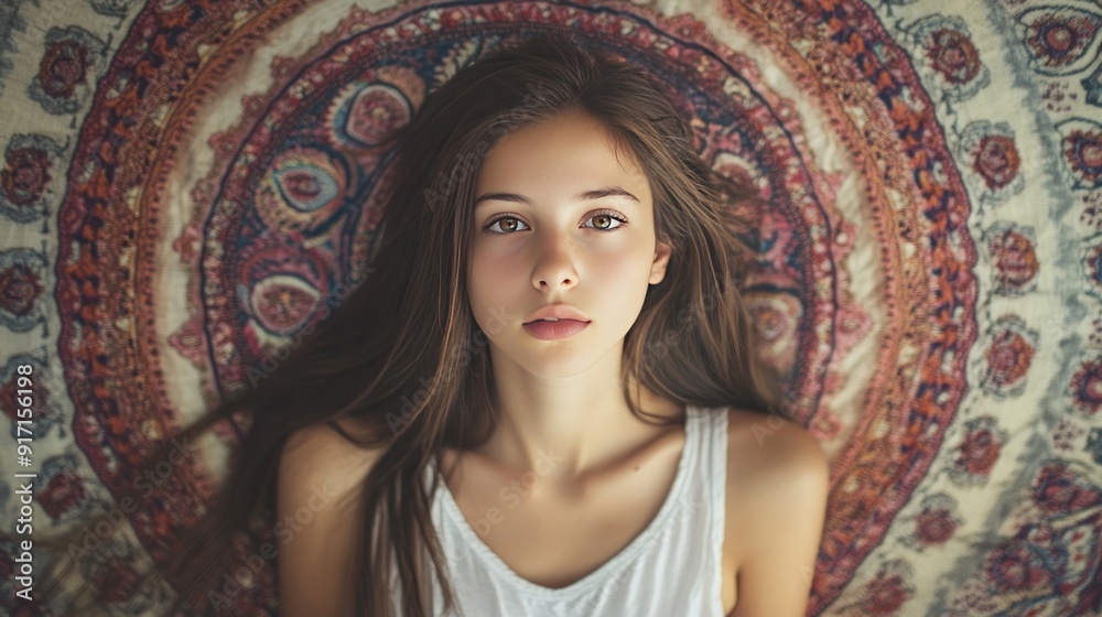 Fototapeta premium Young woman with long dark hair looking at the camera lying on a patterned carpet.
