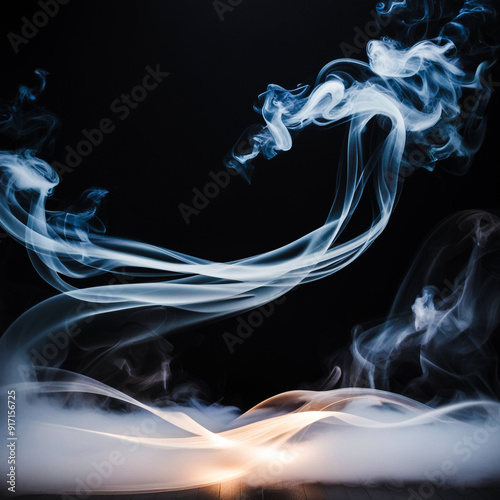 Mystical mist. Swirling smoke in dark and light symphony. Fluid fantasia. Abstract dance of fog and light on floor. Black background