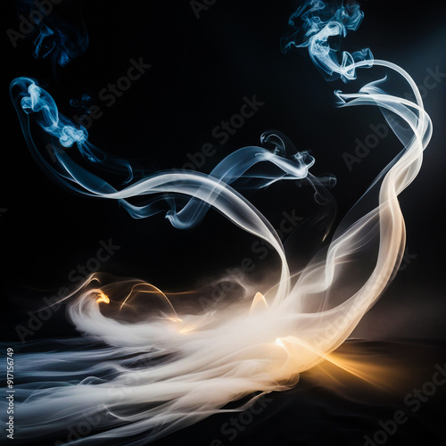 Mystical mist. Swirling smoke in dark and light symphony. Fluid fantasia. Abstract dance of fog and light on floor. Black and light background