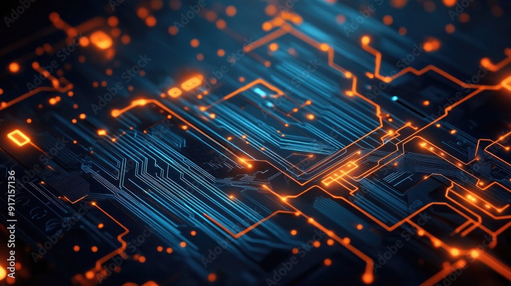 Overhead view of a sleek abstract technology background with glowing circuits Overhead view of a sleek abstract technology background with glowing circuits