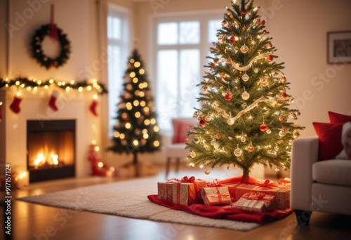a christmas tree with ornaments and lights, with a blurred background of a cozy living room, decoration living room tree christmas