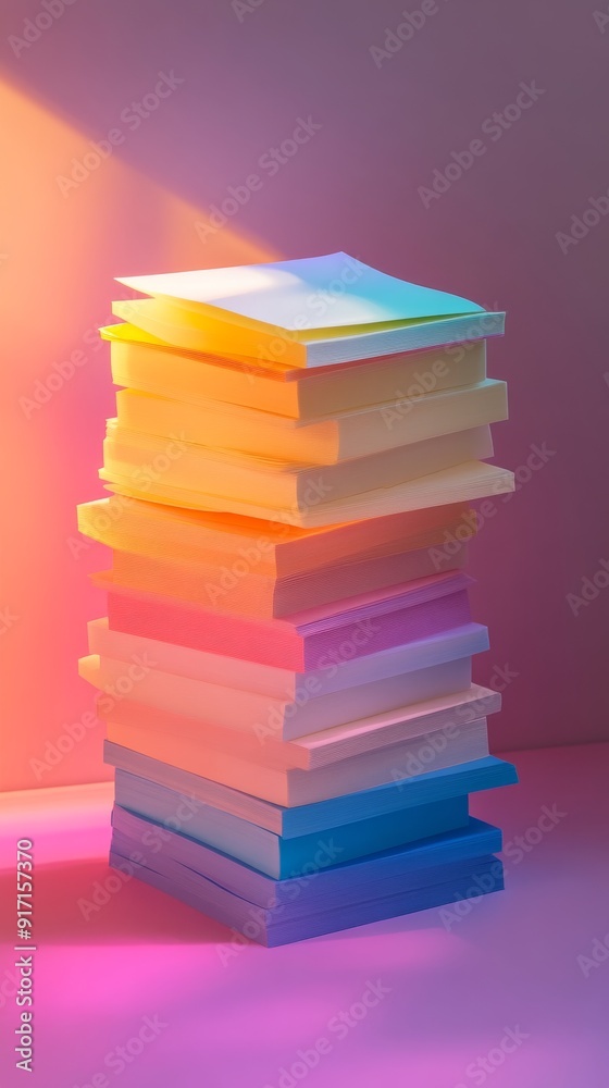 Stack of colorful paper illuminated by gradient Stack of colorful paper illuminated by gradient
