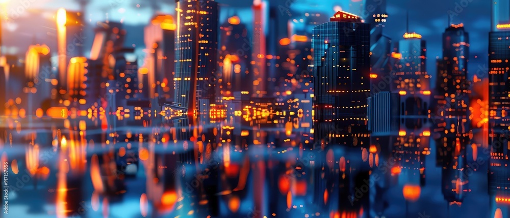 Urban skyline with illuminated skyscrapers reflecting in water during twilight, creating a vibrant and colorful cityscape. Urban skyline with illuminated skyscrapers reflecting in water during twilight, creating a vibrant and colorful cityscape.