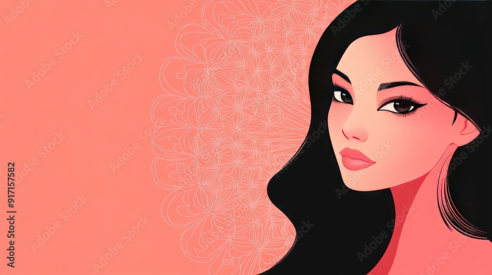 A woman with long black hair and red lips is shown in profile with a coral background. A woman with long black hair and red lips is shown in profile with a coral background.