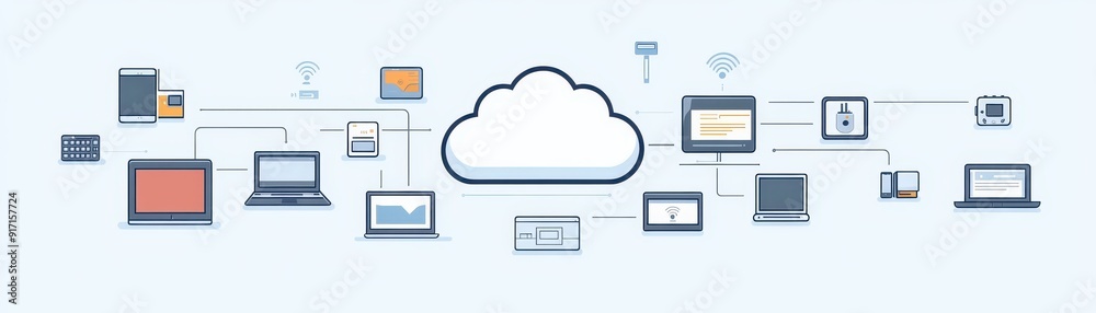 Stylized cloud icon with various devices connected Stylized cloud icon with various devices connected