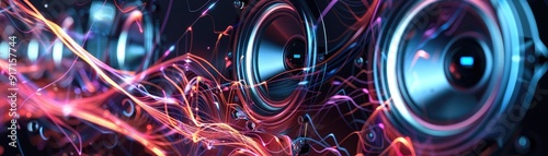 Vibrant sound wave and speaker illustration, showcasing dynamic audio energy with colorful abstract lines.