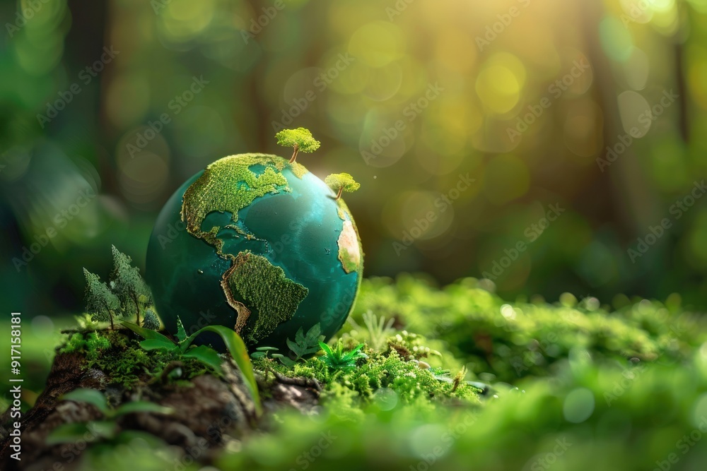 Earth Globe Nestled in Lush Greenery with Miniature Trees Earth Globe Nestled in Lush Greenery with Miniature Trees
