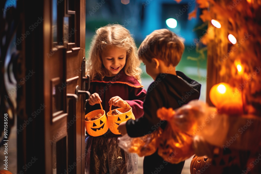 People dressed in dark costumes in the illustration. Child exchanging Halloween trick or treat People dressed in dark costumes in the illustration. Child exchanging Halloween trick or treat