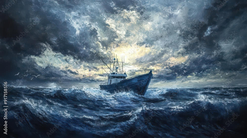 Naklejka premium A fishing vessel is the focal point of a dynamic seascape, where the ocean meets the sky in a seamless horizon