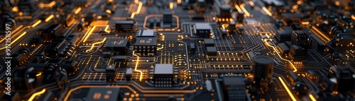 Close-up of a high-tech circuit board with illuminated pathways and components, representing modern technology and electronic innovation.