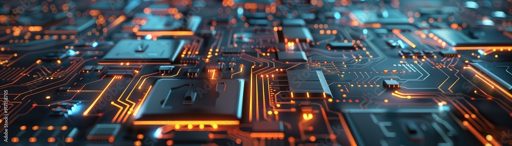 Close-up of an illuminated electronic circuit board with glowing microchips and intricate pathways, showcasing advanced technology and computing power. Close-up of an illuminated electronic circuit board with glowing microchips and intricate pathways, showcasing advanced technology and computing power.