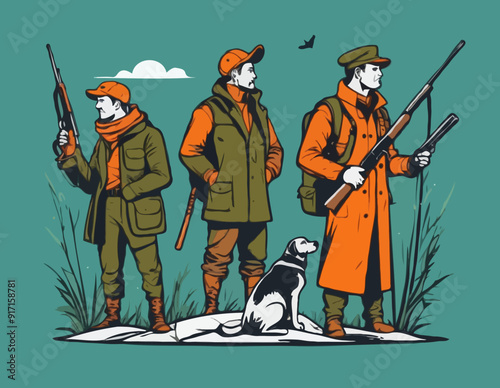 Hunters lokking for prey. Vector caricature. Hunters losers. Comic hunters