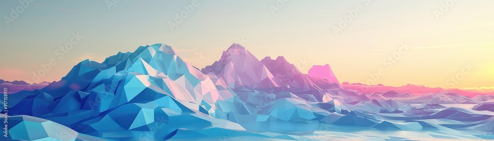 Colorful digital landscape featuring abstract, low-poly mountains with a vibrant, glowing sky, ideal for creative and artistic uses. Colorful digital landscape featuring abstract, low-poly mountains with a vibrant, glowing sky, ideal for creative and artistic uses.