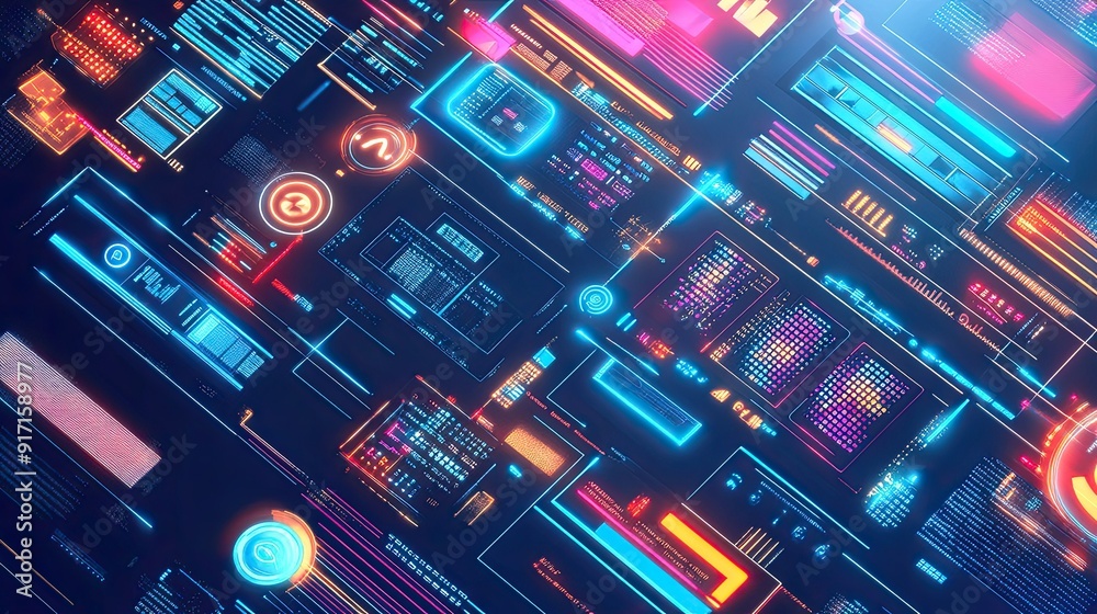Top view of a digital workspace with abstract data streams and tech icons Top view of a digital workspace with abstract data streams and tech icons