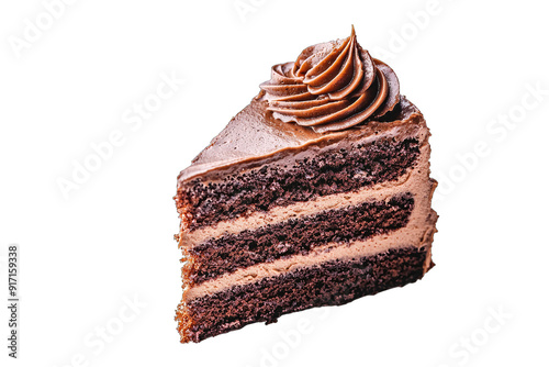 Indulge in a rich chocolate cake slice, layered with creamy frosting, perfect for dessert lovers and special occasions.
