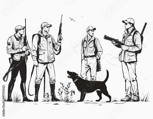 Hunters lokking for prey. Vector caricature. Hunters losers. Comic hunters