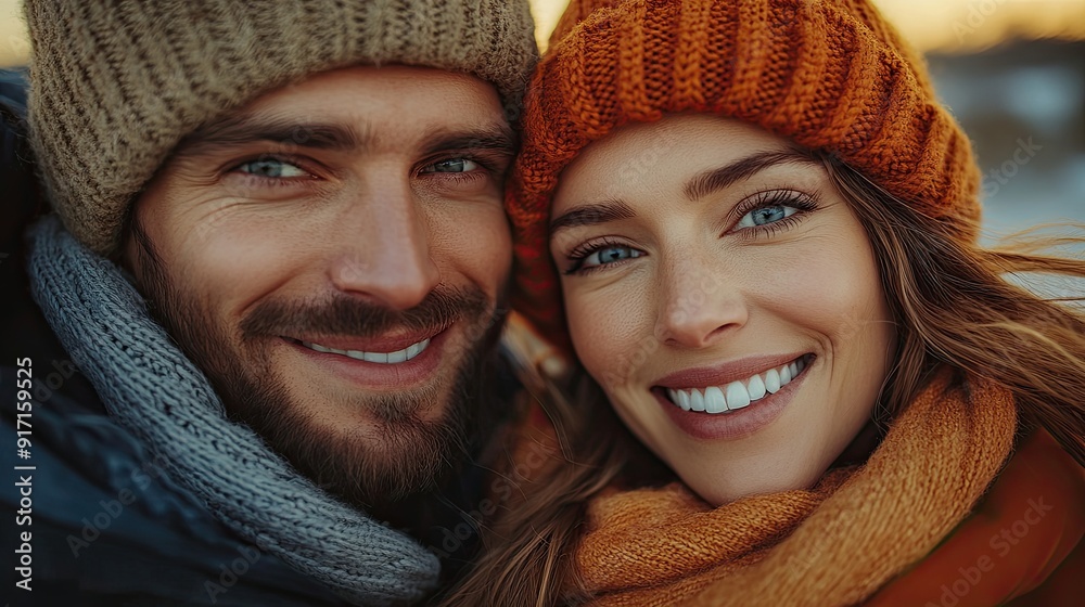 Smiling Couple in Cozy Winter Clothing Enjoying the Outdoors - Close-Up Portrait of Happy Partners Embracing Cold Weather in Warm Knitted Hats and Scarves Smiling Couple in Cozy Winter Clothing Enjoying the Outdoors - Close-Up Portrait of Happy Partners Embracing Cold Weather in Warm Knitted Hats and Scarves