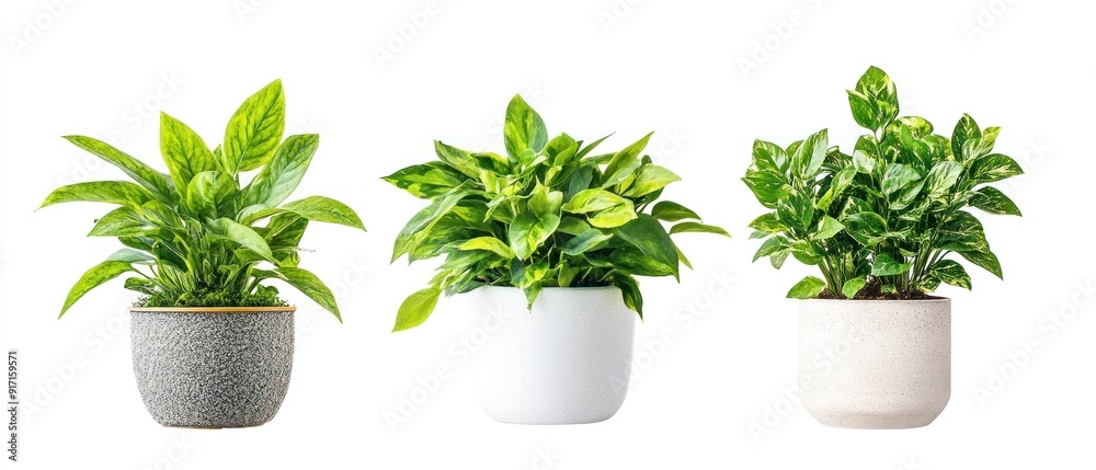 Three potted green plants with variegated leaves on white background Three potted green plants with variegated leaves on white background