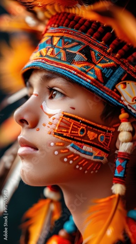 A striking portrait of a young indigenous individual adorned with colorful traditional attire and intricate facial paint.