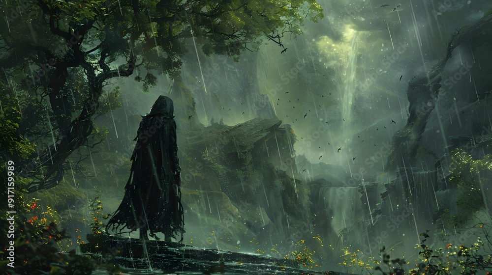 Mysterious Figure in a Lush Forest. Mysterious Figure in a Lush Forest.