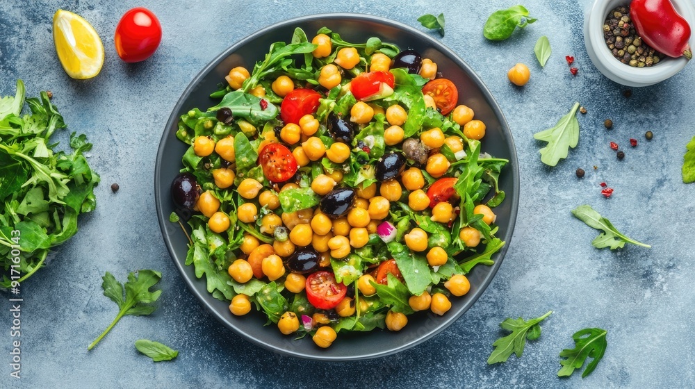 Top view of a vibrant and fresh Mediterranean salad with chickpeas and olives Top view of a vibrant and fresh Mediterranean salad with chickpeas and olives