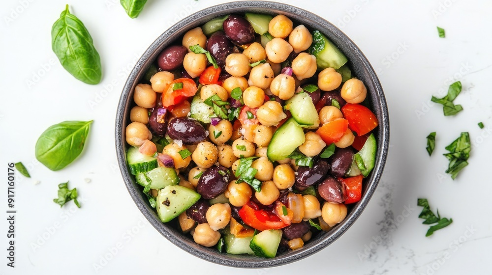 Top view of a vibrant and fresh Mediterranean salad with chickpeas and olives Top view of a vibrant and fresh Mediterranean salad with chickpeas and olives