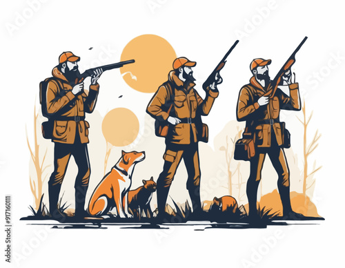 Hunters lokking for prey. Vector caricature. Hunters losers. Comic hunters