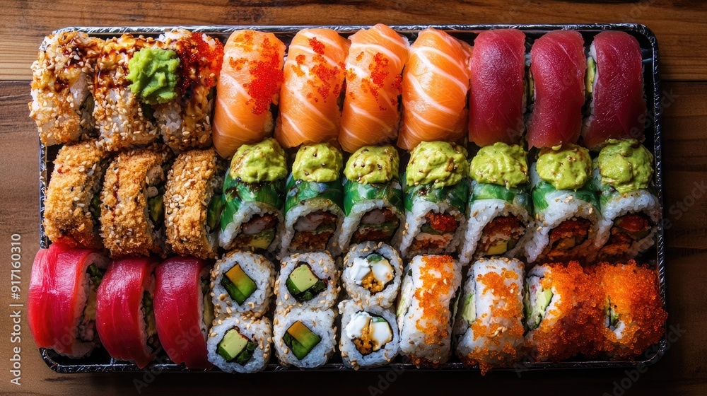 Top view of a vibrant sushi roll platter with a variety of colorful rolls Top view of a vibrant sushi roll platter with a variety of colorful rolls
