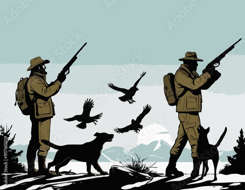 Hunters lokking for prey. Vector caricature. Hunters losers. Comic hunters