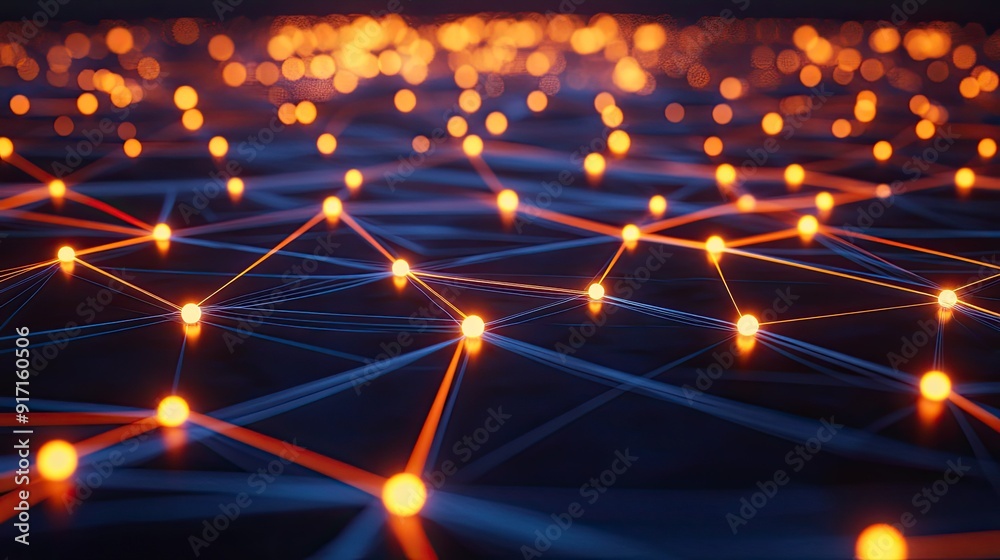 Top view of abstract digital network with glowing nodes and connecting lines Top view of abstract digital network with glowing nodes and connecting lines