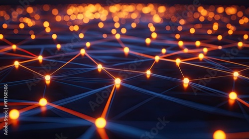 Top view of abstract digital network with glowing nodes and connecting lines