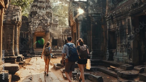 Travelers exploring the ancient temples of Angkor Wad, Cambodia.