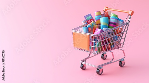 A colorful shopping cart filled with vibrant items against a soft pink background, perfect for retail and shopping themes.